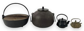 (4) Cast Iron and Brass Teapots and Vessels