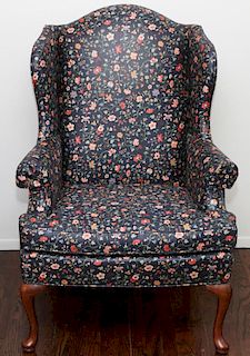 QUEEN ANNE STYLE WING BACK FLORAL UPHOLSTERY CHAIR