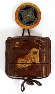 JAPANESE LACQUERED TWO CASE INRO AND NETSUKE
