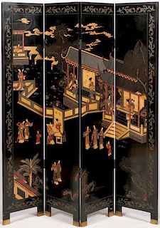 JAPANESE CARVED & LACQUER FOUR PANEL SCREEN