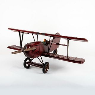 Vintage Large Dark Red Painted Wooden Model Bi-Plane