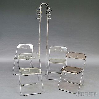Set of Four Paila Chrome and Lucite Folding Chairs and a Chromed Steel Coat Rack