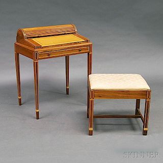Inlaid Walnut, Oak, and Maple Roll-top Desk and Bench
