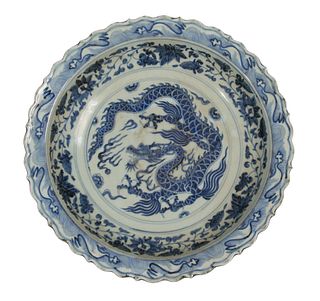 Asian Blue and White Porcelain Dragon Charger