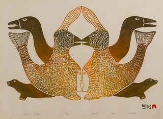 Kakulu Saggiaktok (Inuit, 1940-2020) 'Seals and Birds' Stencil on Paper