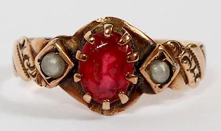 14KT YELLOW GOLD RED STONE AND SEED PEARL RING
