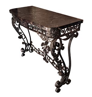 Neoclassical Style Wrought Iron Marble Top Console Table