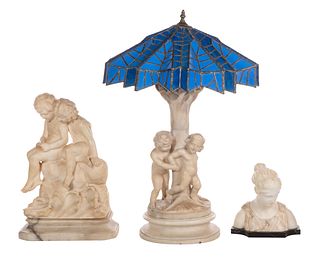 Stained Glass and Alabaster Table Lamp and Figural Statues
