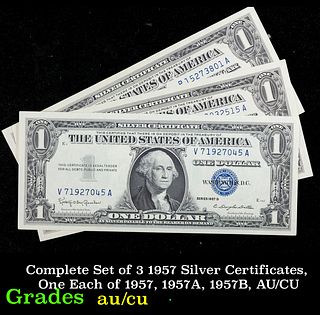 Complete Set of 3 1957 Silver Certificates, One Each of 1957, 1957A, 1957B, AU/CU $1 Blue Seal Silver Certificate Grades