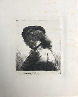 Rembrandt van Rijn (After) - Self Portrait in a Cap and Scarf with the Face Dark: Bust