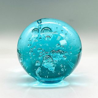Blue Glass Sphere Orb Paperweight With Bubbles