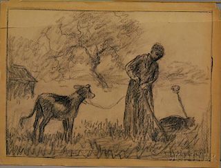 Attributed to Jean Francois Millet (French, 1814-1875)  Landscape with Milkmaid and Calf.