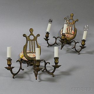 Pair of Brass Three-light Lyre-form Sconces