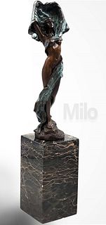 Signed Art Deco Lady In Wind, A Bronze Figurine, Milo