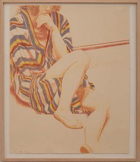 PHILIP PEARLSTEIN (b.1924): SEATED FIGURE IN STRIPED ROBE
