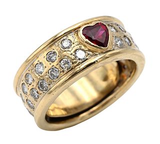 18K Yellow Gold Ring/Band Set with Diamonds and Heart Shaped Ruby