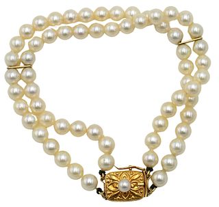Mikimoto Pearl Two Strand Bracelet with Pearl Mounted 18K Yellow Gold Clasp