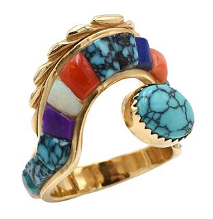 14K Yellow Gold Ring having Turquoise, Coral, and Opal Stones