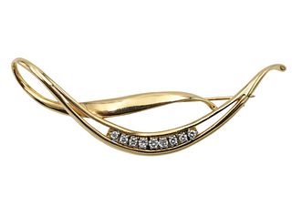 14K Yellow Gold Brooch Free Form with Nine Diamonds
