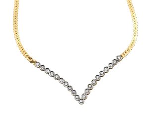 14K Yellow Gold Necklace with Flat Chain in V Style with Diamonds