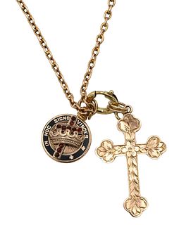 14K Yellow Gold Chain with Cross and Two Medallions