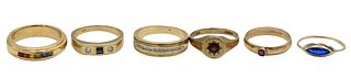 Six 10K Yellow Gold Rings with Diamonds or Red or Blue Stones