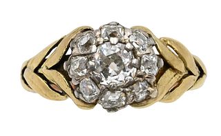 14K Yellow Gold and Diamond Ring Set with Center Diamond Surrounded by Small Diamonds