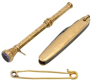 Gold Safety Pin, Lead Pencil, and Jack Knife