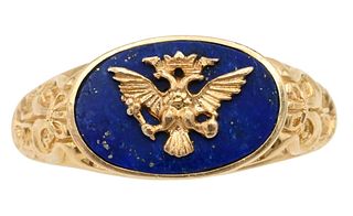 14K Yellow Gold and Lapis Ring with Imperial Russian Eagle