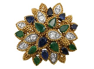 Gold, Emerald, Sapphire and Diamond Pendant-Brooch