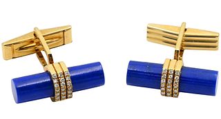 Pair of 18K Yellow Gold Cufflinks Set with Cylindrical Lapis Lazuli and 27 Diamonds Each