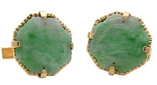 Pair of 14K Yellow Gold Cufflinks Set with Jade Table having Chinese Writing