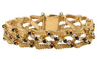14K Yellow Gold Bracelet with Open Work Set with Diamonds and Blue Stones