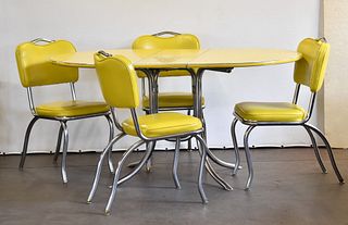 MID CENTURY YELLOW CRACKED ICE FORMICA TABLE & CHAIRS SET