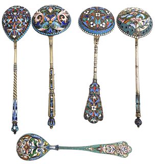 Five Russian Enamel Silver Spoons