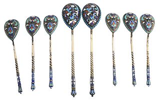 Group of Eight Russian Enamel Silver Spoons