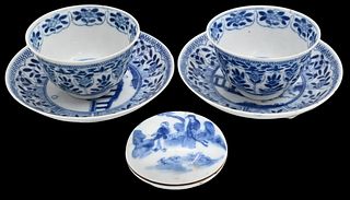Two Pairs of Chinese Porcelain Cups and Saucers along with One Ink Seal Box