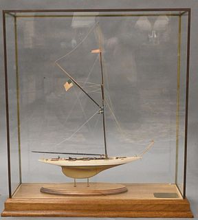 Sailboat Model "Defender" in Glass Case having Brass Trim