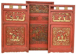 Three Chinese Carved and Gilt Red Lacquered Court Motif Panels