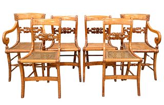 Assembled Set of Six Federal Tiger Maple Chairs having Caned Seats