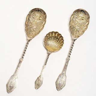 Pair Victorian Silver-Plate Berry Spoons & Sifter