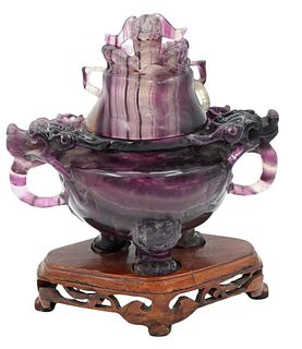 Chinese Carved Amethyst Quartz Covered Dragon Urn