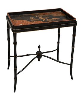 Japanese Chinoiserie Decorated Tray on Faux Bamboo Stand