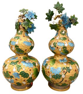 Pair of Hardstone Inlaid and Champleve Enamel Gilt Metal Double Gourd Vases