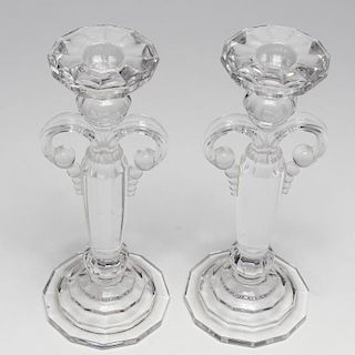 Pair of Colorless Molded Glass Candlesticks