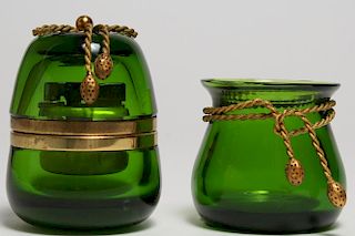 Vintage French Green Glass & Ormolu Cigarette Set