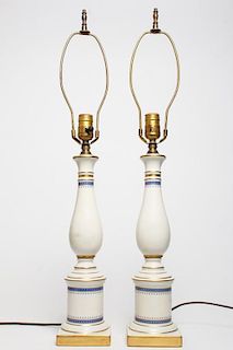 Pair of Cream, Blue & Gilt Porcelain Table Lamps