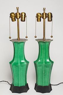 Pair Antique Chinese Green-Glazed Vase-Lamps