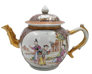 Chinese Export Mandarin Palette Porcelain Teapot of Globular Form