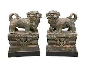 Pair of Bronze Foo Dogs on Pedestal Base